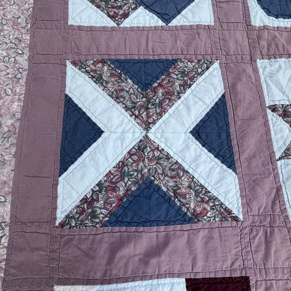Vintage Handmade Quilt 66x52” Sampler Fan Pattern Purple Blue Coverlet Throw RV - Picture 9 of 16